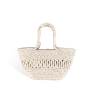 Minimalist cream woven cotton rope tote bag with U-shaped wave pattern for beach use