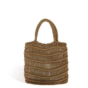 Handmade brown straw woven beach tote bag with hollow knit pattern and fabric lining