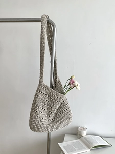 Women Crochet Shoulder Bag Cotton Knit Hollow Out Large Capacity Tote Bohemian Casual Beach Handbag