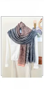 Detailed texture of cotton linen scarf with paisley pattern in pink and grey gradient