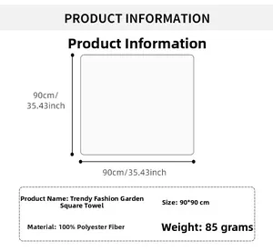 Size chart for 90x90cm polyester garden print scarf detailing dimensions and 85g weight