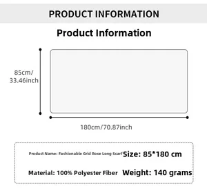 Detailed size chart for polyester rose scarf with 85x180cm dimensions and 140g weight