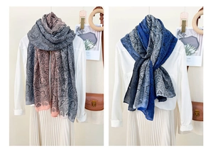 Detailed view of paisley pattern scarves in pink-grey and blue-grey bohemian styles