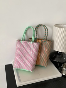 Summer PVC Hand Woven Bag Contrast Color Checkerboard Tote Bag Beach Vacation Handmade Basket Women Handbag Casual Style