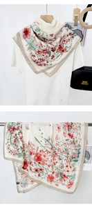 Detailed view of lightweight square silk scarf with vintage red floral garden print