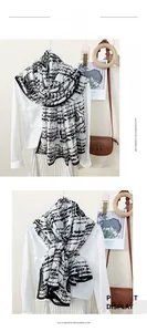 Close-up of black and white plaid scarf with rose patterns and soft cashmere texture