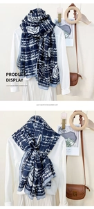 Detail of navy and white plaid rose scarf in soft imitation cashmere material