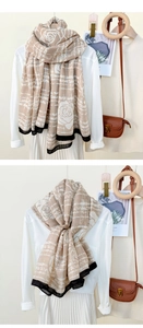 Detailed view of plaid rose scarf with black contrast edges and beige knit pattern