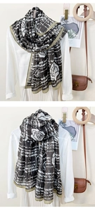 Detail view of a rose floral scarf with plaid pattern styled over a white shirt