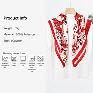 Vintage 90x90cm floral butterfly print square scarf in red and pink polyester