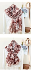 Close-up of lightweight plaid scarf with rose print styled on a white shirt