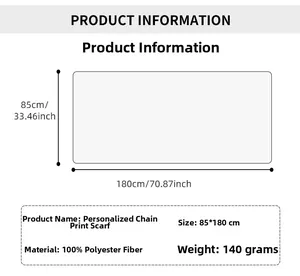 Size chart showing 85x180cm chain print polyester scarf with 140g weight details