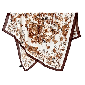 Vintage 90x90cm butterfly print silk scarf with floral patterns and brown border