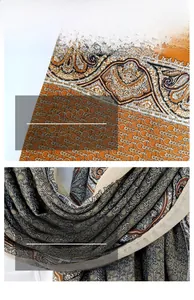 Detail shot of vintage chain and paisley print scarf with fine hemmed edges