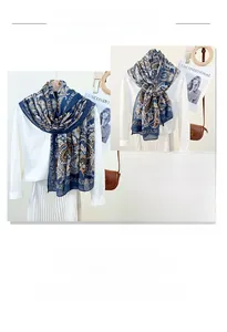 Detail view of blue paisley print scarf showing silky texture and vintage ethnic pattern
