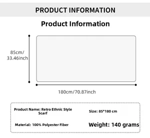 Size chart for vintage ethnic print scarf showing 85x180cm and 100% polyester fabric