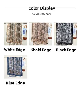 Detailed color display of bohemian paisley print long scarves in white, khaki, black and blue