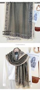Detail of vintage paisley pattern on a long scarf with elegant chain print elements
