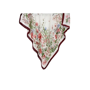 Elegant 90cm floral print silk scarf with burgundy border draped over white background