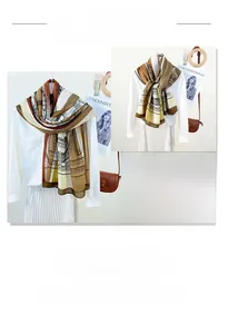 Detail of bohemian print scarf with geometric patterns in tan and black colors
