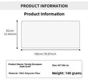 Detailed size chart for European style scarf measuring 85x180cm made of 100% polyester
