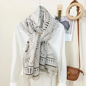 Bohemian printed long scarf with geometric patterns and feathers for women