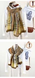 Detail of luxury silk-feel scarf with chain print styled on a white shirt