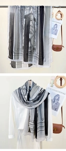 Detail of luxury geometric print scarf with classic patterns and semi-transparent texture