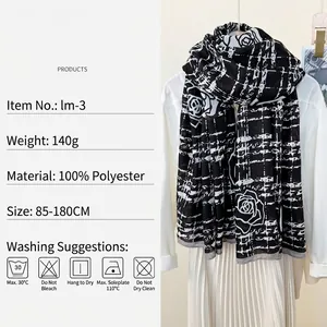 Classic black and white checkered rose scarf shawl made of lightweight polyester fabric