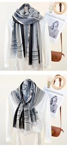 Detail of luxury geometric patterned scarf draped elegantly on a white shirt with magazines