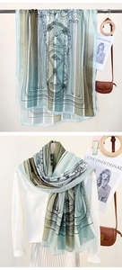 Detail of elegant silk scarf with vintage clock prints and mint green borders