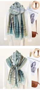 Detail of elegant patterned long scarf showing green and blue European architectural print