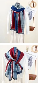 Detail of printed scarf with red, navy blue and grey European patterns on white shirt