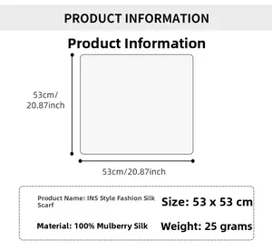 Detailed size chart for the 53x53cm scarf made of 100% genuine mulberry silk