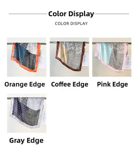 Four vintage printed silk scarves in orange, coffee, pink, and grey displayed on a metal rod