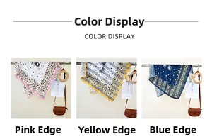 Detail view of cartoon floral silk scarves in pink, yellow, and blue color options