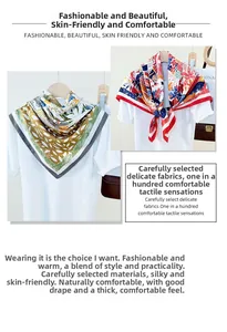 Detail showing printed satin square scarves in green-leaf and blue-floral patterns