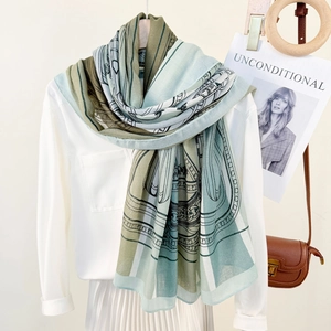 Elegant European style long printed scarf for women with light olive and blue patterns