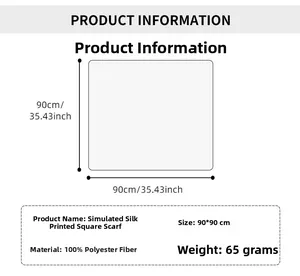 Size chart for 90x90cm printed silk feeling square scarf made of 100% polyester fabric