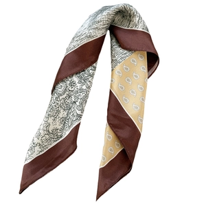 Retro silk scarf with vintage paisley and floral print in satin finish on white background