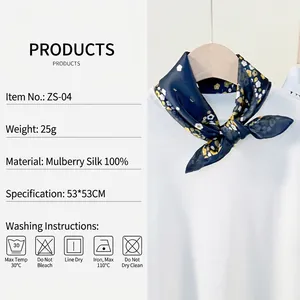 53x53cm navy floral 100% silk neck scarf with elegant yellow flower print on silk square