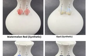 Detailed views of crystal and obsidian cross earrings in various gemstone colors