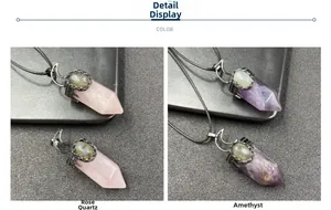Detail showing moon-accented rose quartz and amethyst hexagonal prism crystal pendants