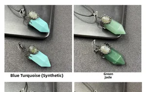 Detailed macro of turquoise and green aventurine hexagonal crystal point pendants