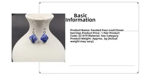 Macro detail of blue faceted clover clover drop earring with silver hook on ceramic background