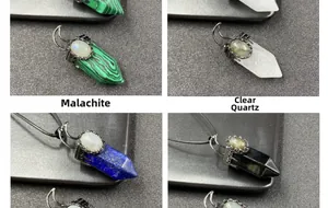Detail view of hexagonal crystal pendants in malachite, quartz, lapis, and obsidian finishes