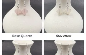 Detail shots of clover-shaped earrings featuring rose quartz and grey agate stones