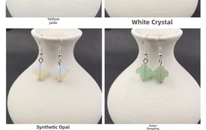 Detail view of clover earrings in citrine, quartz, opal, and aventurine stones