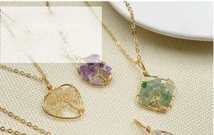 Detail of tree of life pendants with irregular amethyst and aventurine crystals