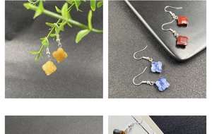 Detailed views of clover-shaped earrings in yellow, red, blue, and tiger eye stone colors
